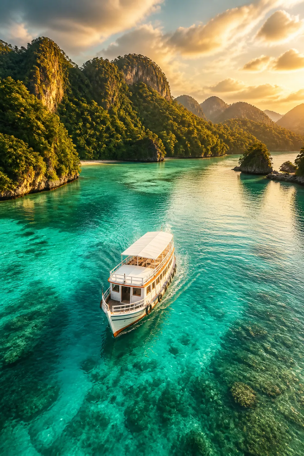 Ferry crossing the turquoise waters of the Andaman Islands at golden hour